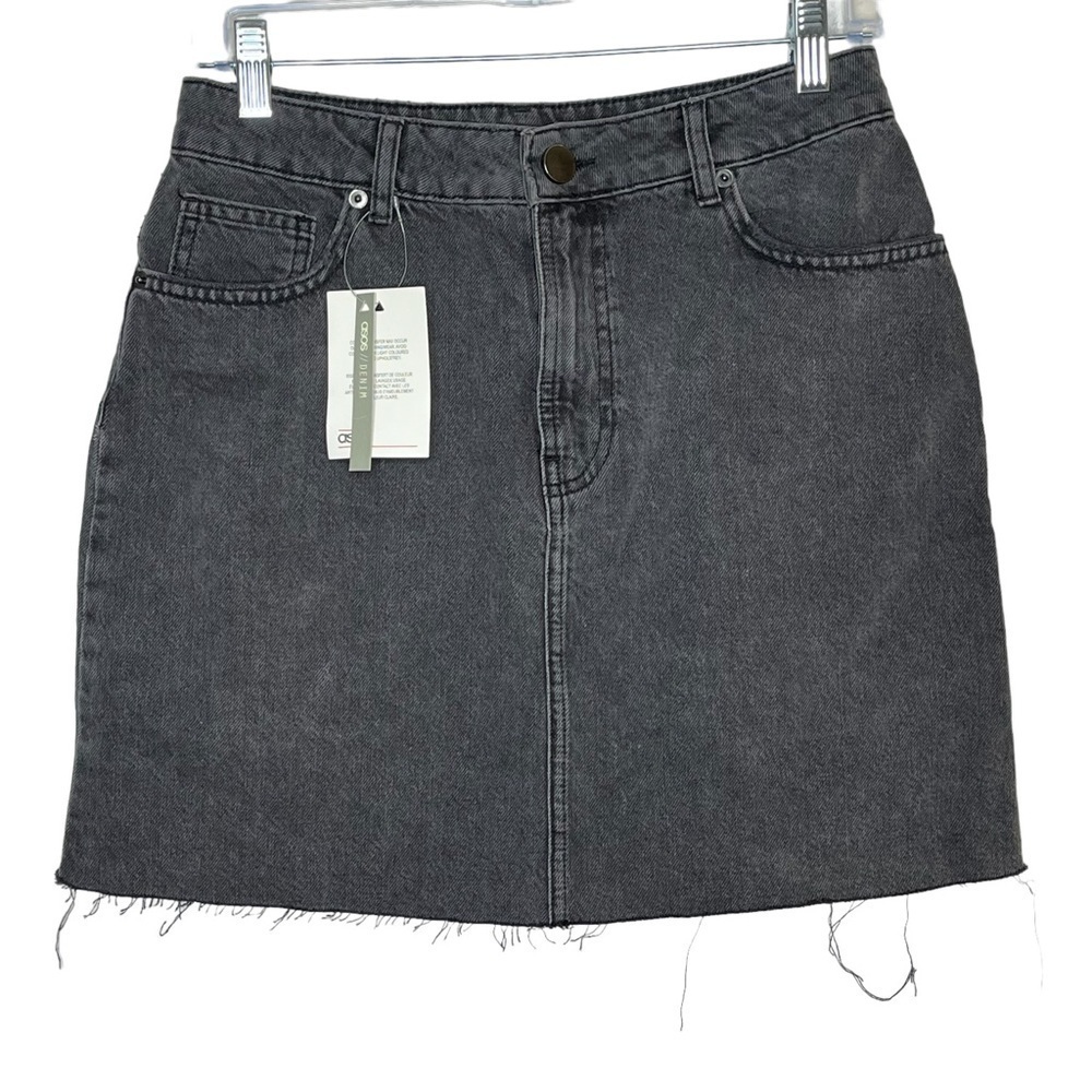 Asos Charcoal Mid Rise Denim Mini Skirt Distressed Frayed Raw Hem 100% Cotton